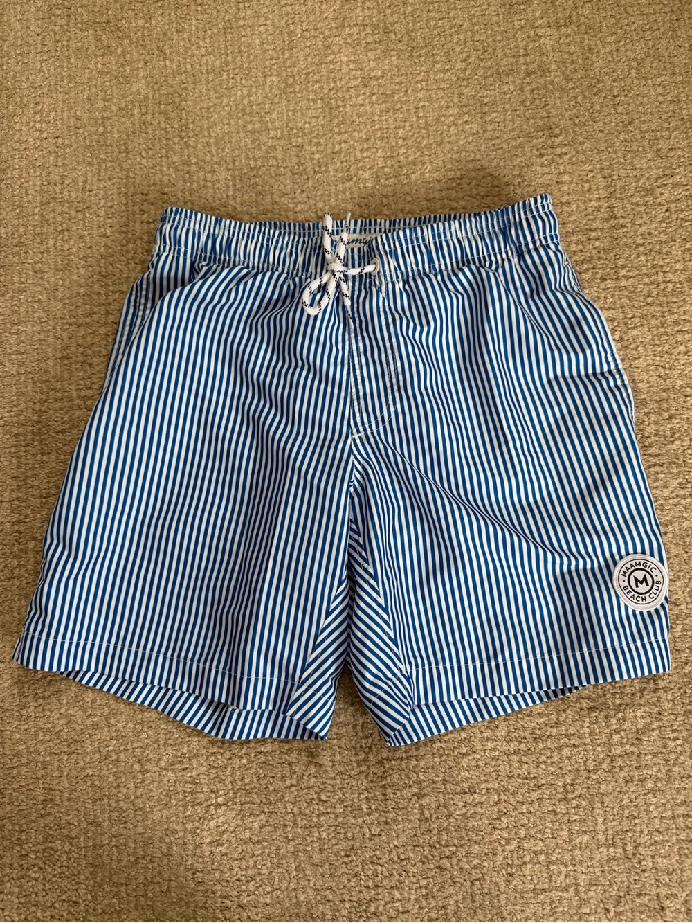 Maamgic Beach Club Men’s XS Blue White Striped Swim Trunks 6.25” Lined